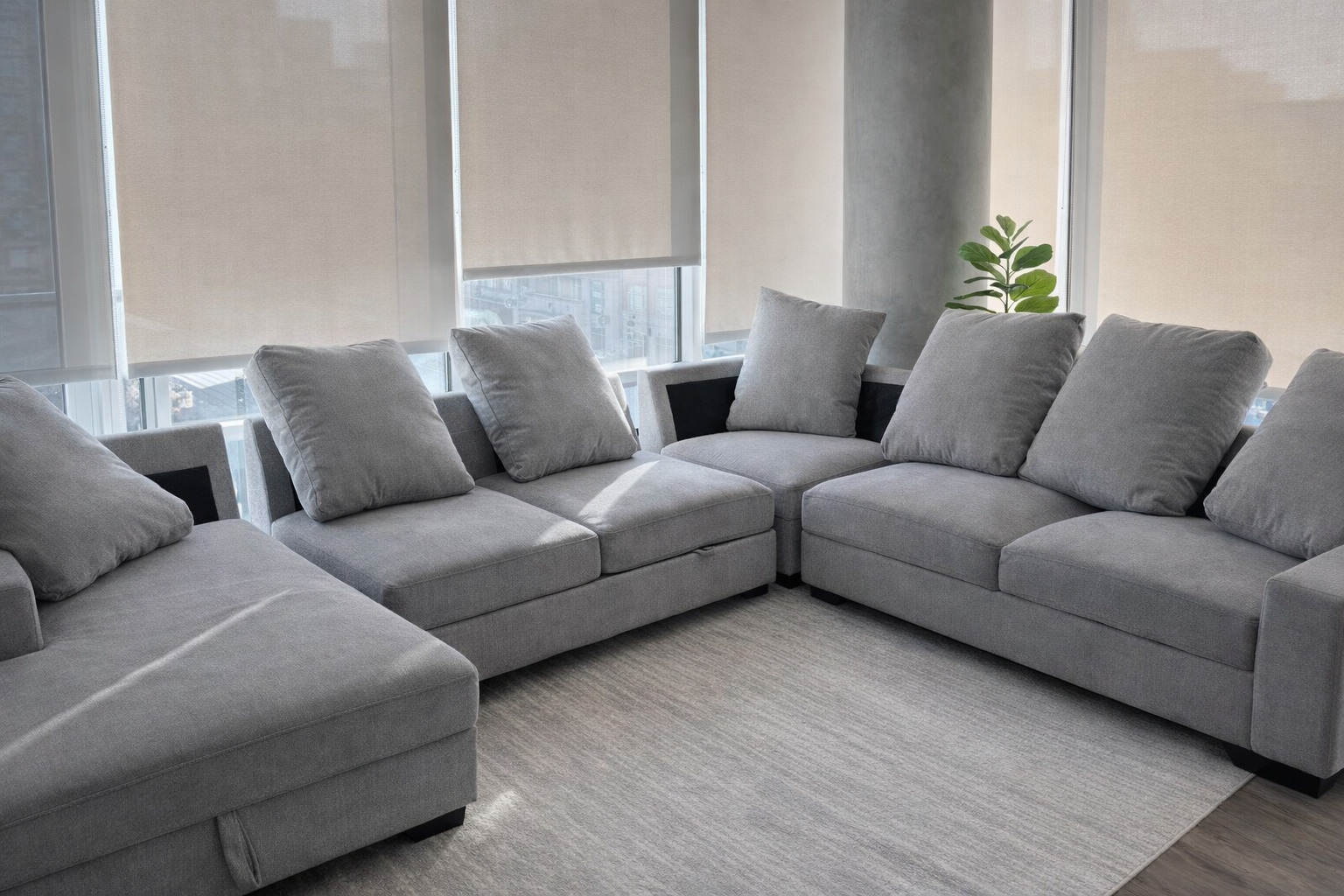 Grey L-shaped sectional after a Double Deep Clean service