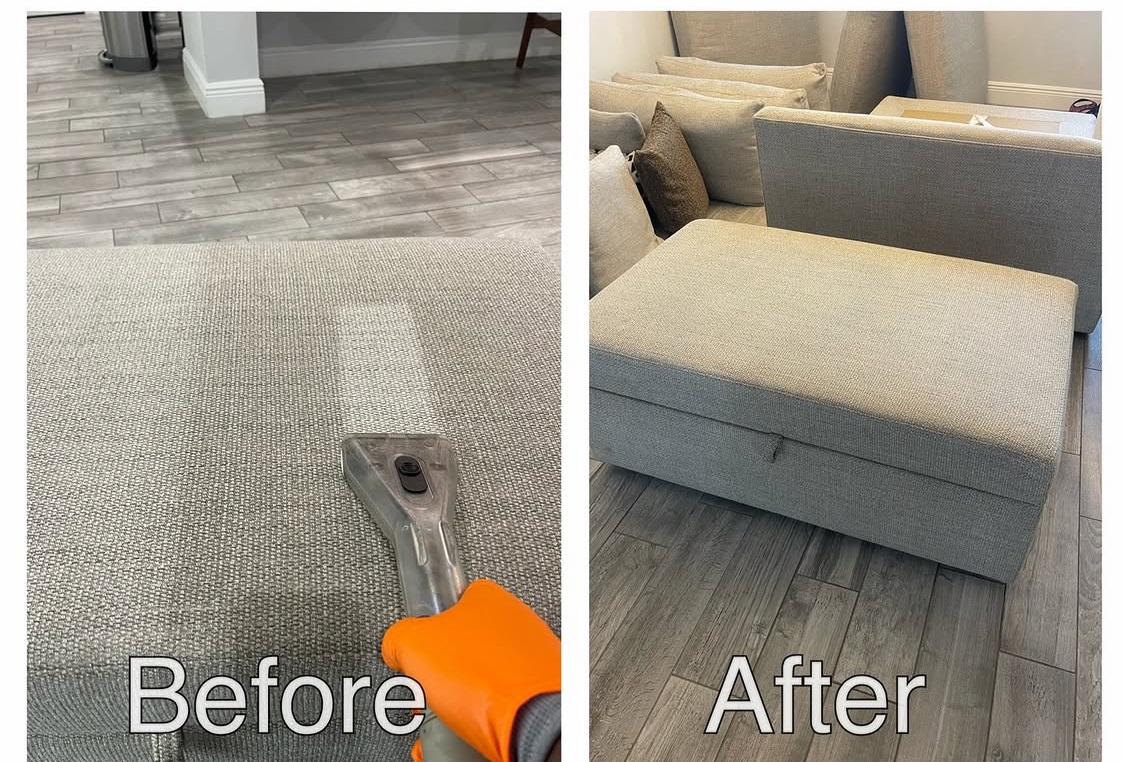 Upholstered ottoman shown dirty before and clean after a SofaBrite cleaning