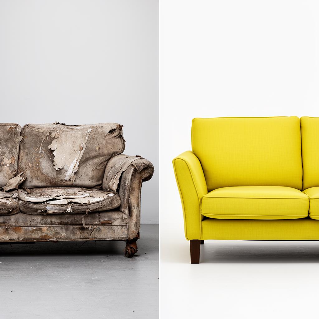 A worn old sofa next to a fresh bright sofa, side by side