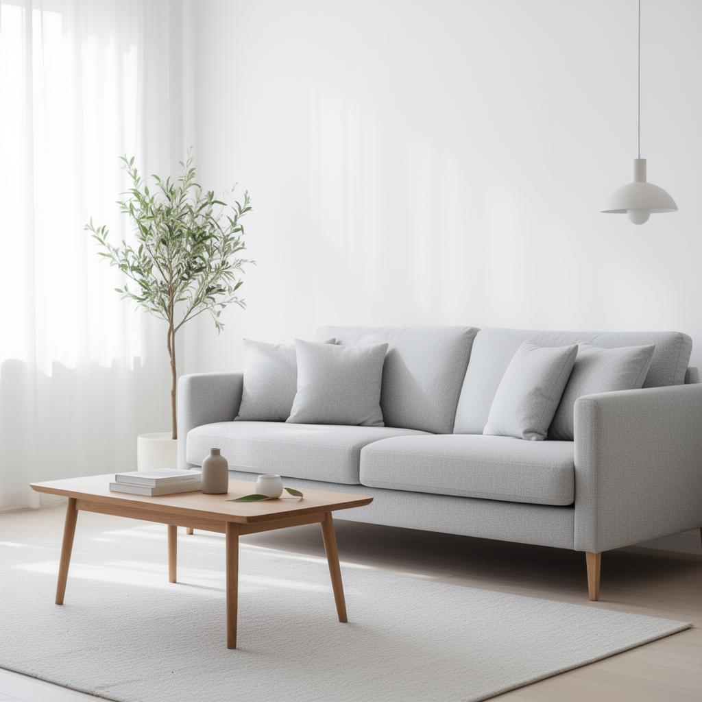 A clean light-gray sofa in a bright modern living room