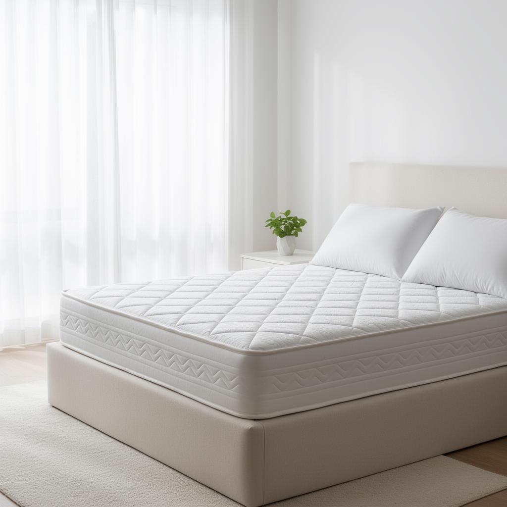 A clean bare mattress in a bright, airy bedroom