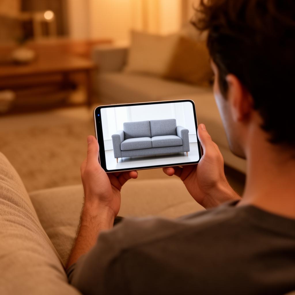 A person holding a phone near a sofa trying to get a quote