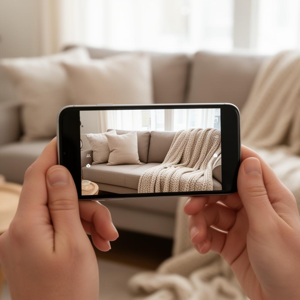 Hands photographing a couch with a smartphone