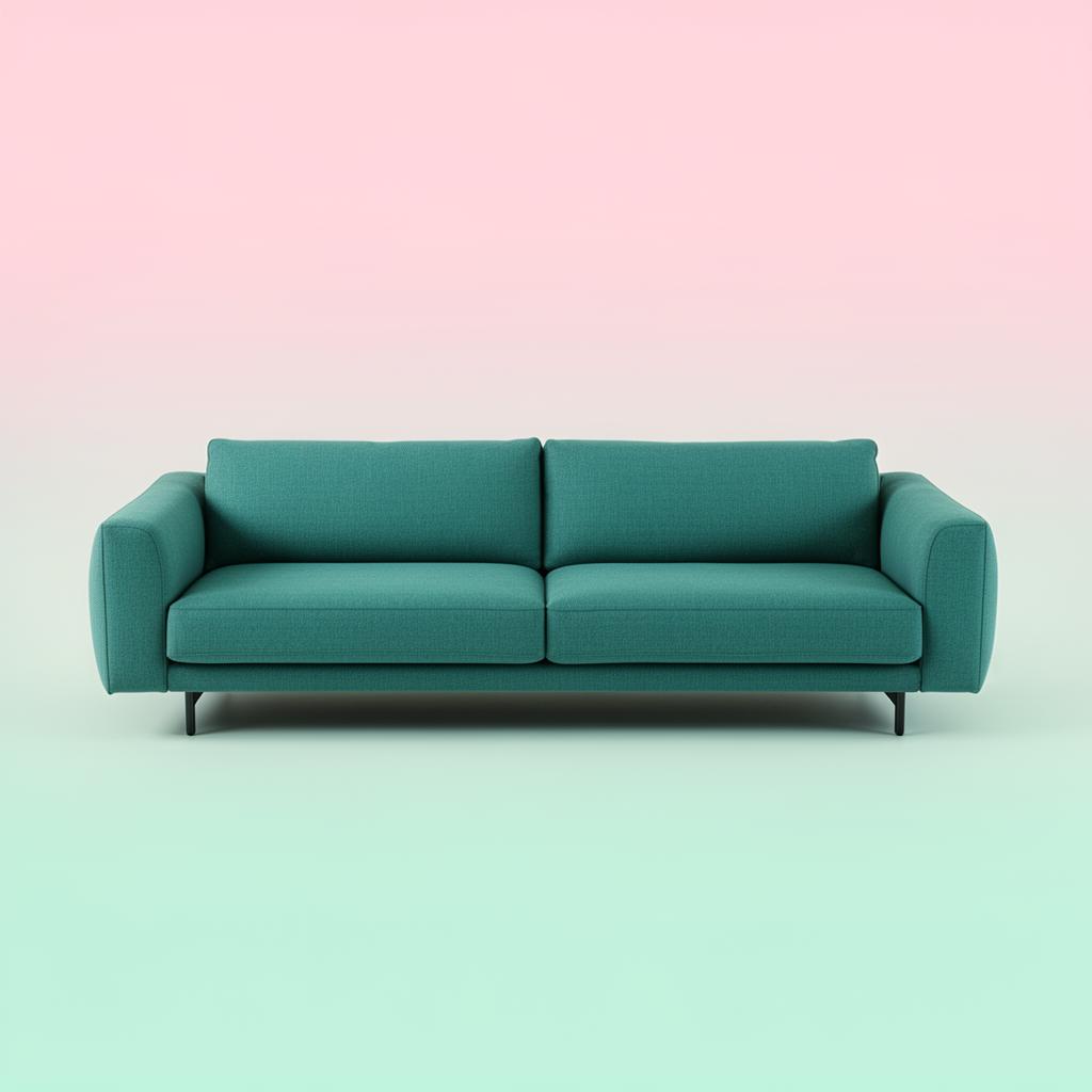 A clean teal sofa with a price tag against a pastel background